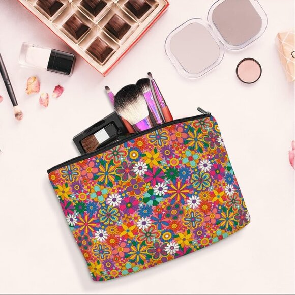 Retro Hippie Flowers Makeup Bag Floral Lovers Gift Vintage Flower Cosmetic Bag M - Picture 4 of 5